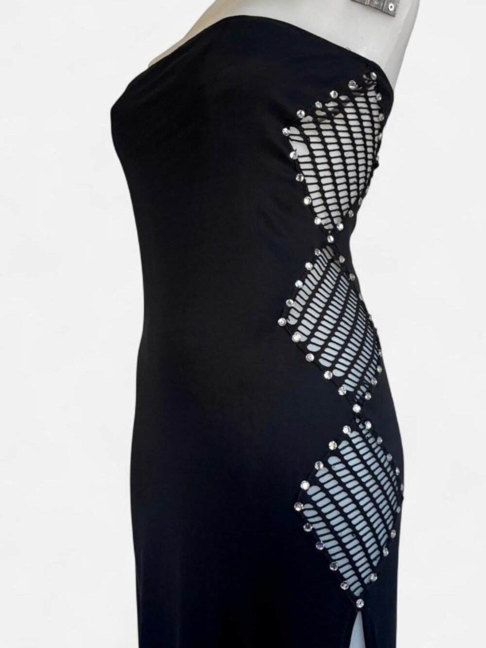 Vintage Nom de Plume strapless black maxi dress with crystals and fishnet cutout
